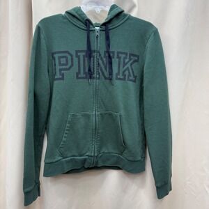 PINK Victoria's Secret Womens Medium‎ Green Full Zip Graphic Logo Hoodie Jacket